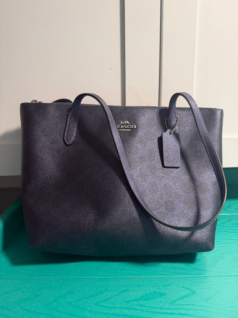 Coach Navy Leather Tote with Double Shoulder Straps